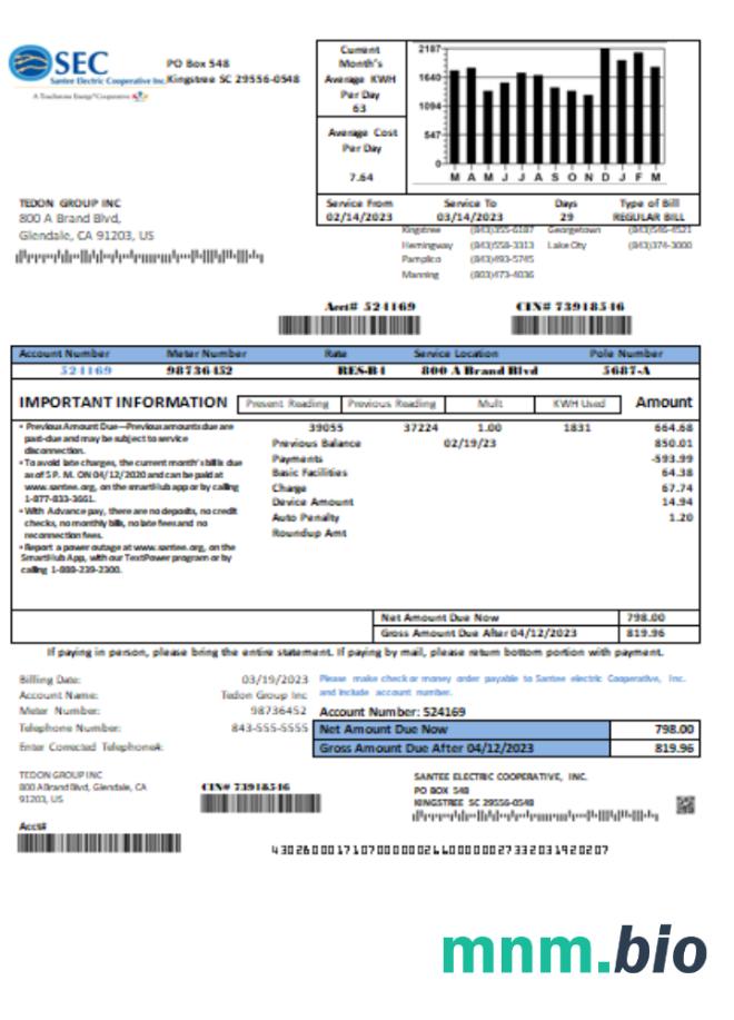 Santee Electric Cooperative Inc (SEC) proof of address rachunek za usługi komunalne